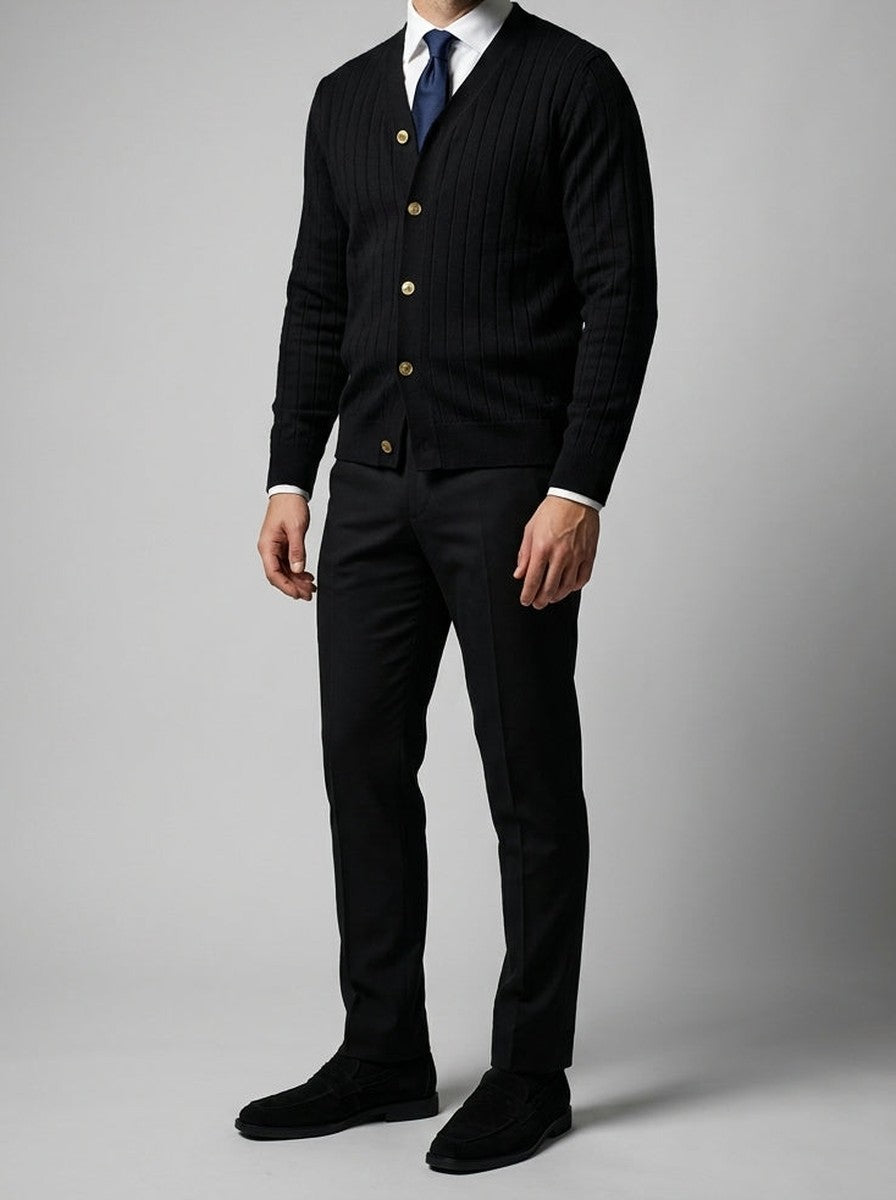 Men's Autumn Ribbed Knit Cardigan with Button Front and V-Neck