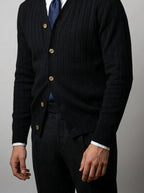 Men's Autumn Ribbed Knit Cardigan with Button Front and V-Neck