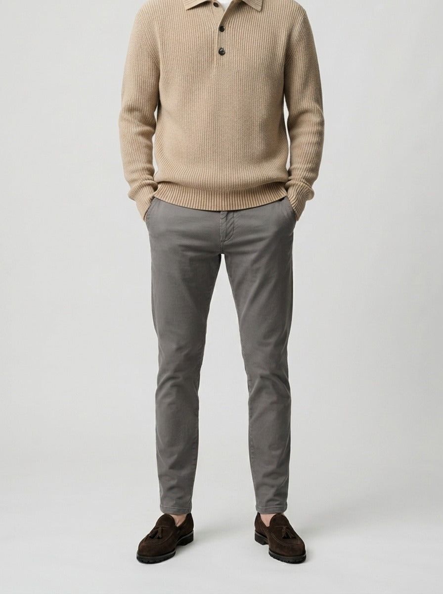 Men's Autumn Ribbed Knit Long Sleeve Polo Jumper