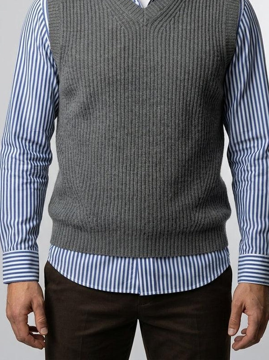 Men's Autumn Ribbed Knit Sleeveless Jumper Vest with V-Neck