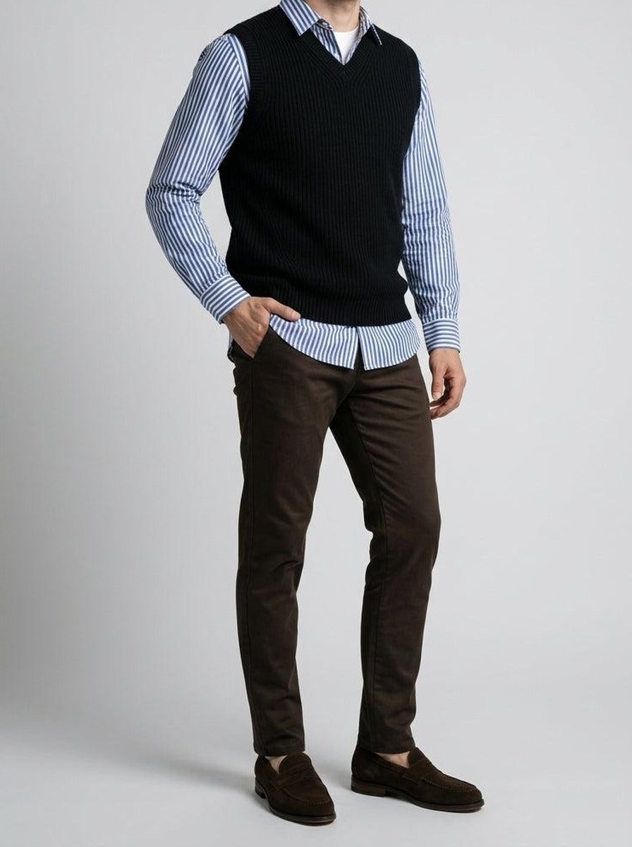 Men's Autumn Ribbed Knit Sleeveless Jumper Vest with V-Neck