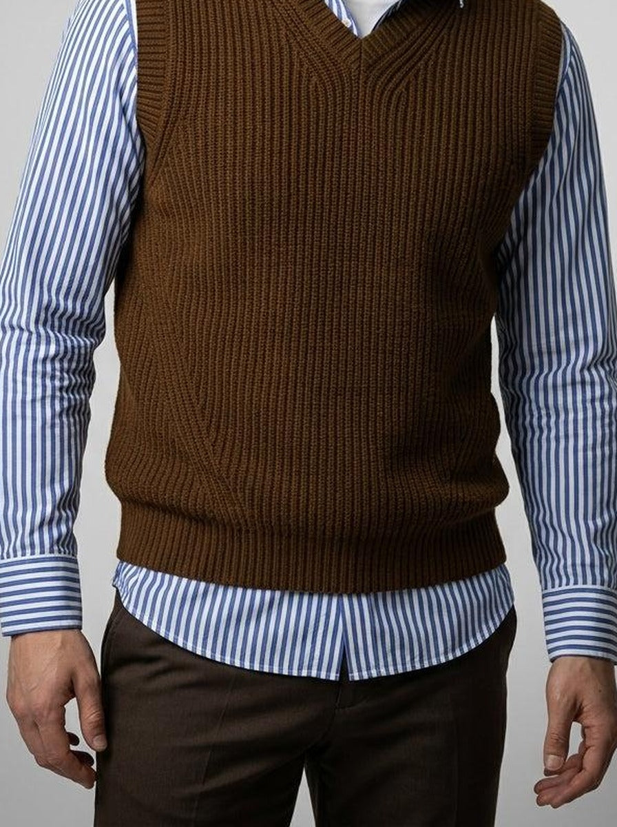 Men's Autumn Ribbed Knit Sleeveless Jumper Vest with V-Neck