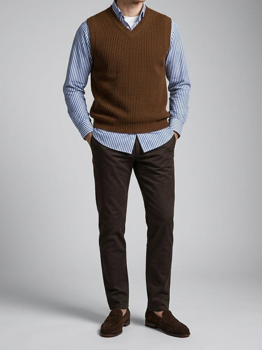Men's Autumn Ribbed Knit Sleeveless Jumper Vest with V-Neck