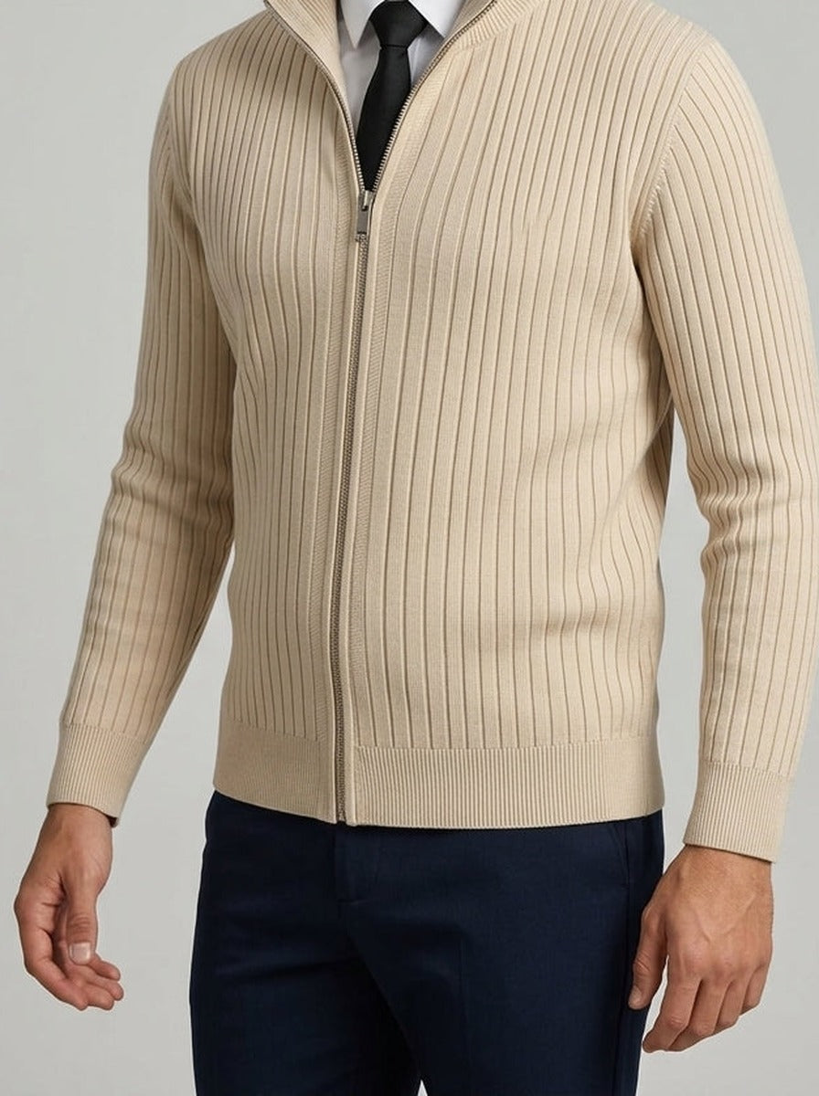 Men's Autumn Ribbed Knit Zip Cardigan with Funnel Neck