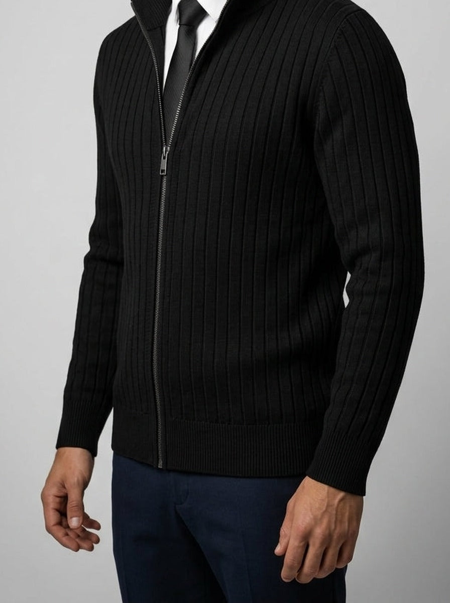 Men's Autumn Ribbed Knit Zip Cardigan with Funnel Neck