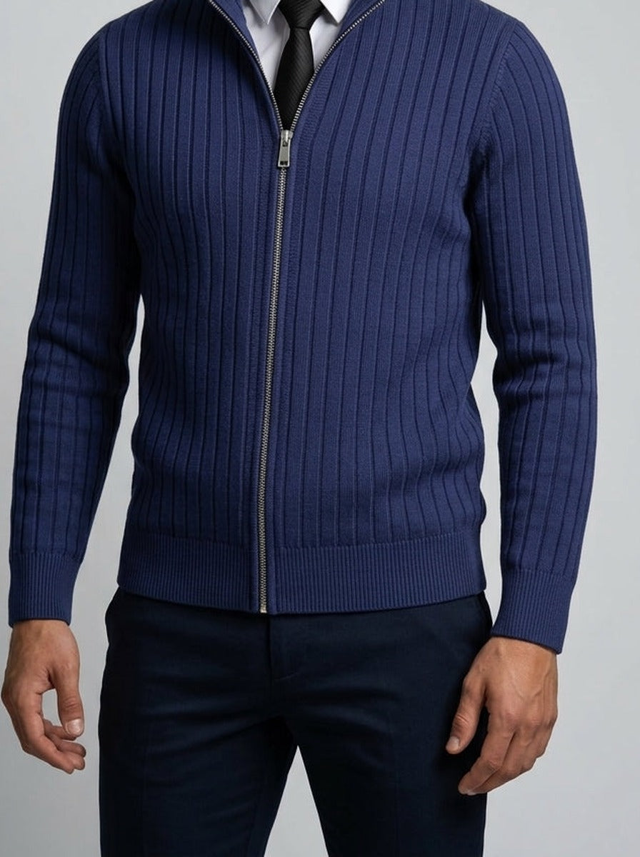 Men's Autumn Ribbed Knit Zip Cardigan with Funnel Neck