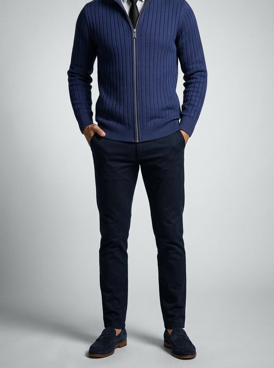 Men's Autumn Ribbed Knit Zip Cardigan with Funnel Neck