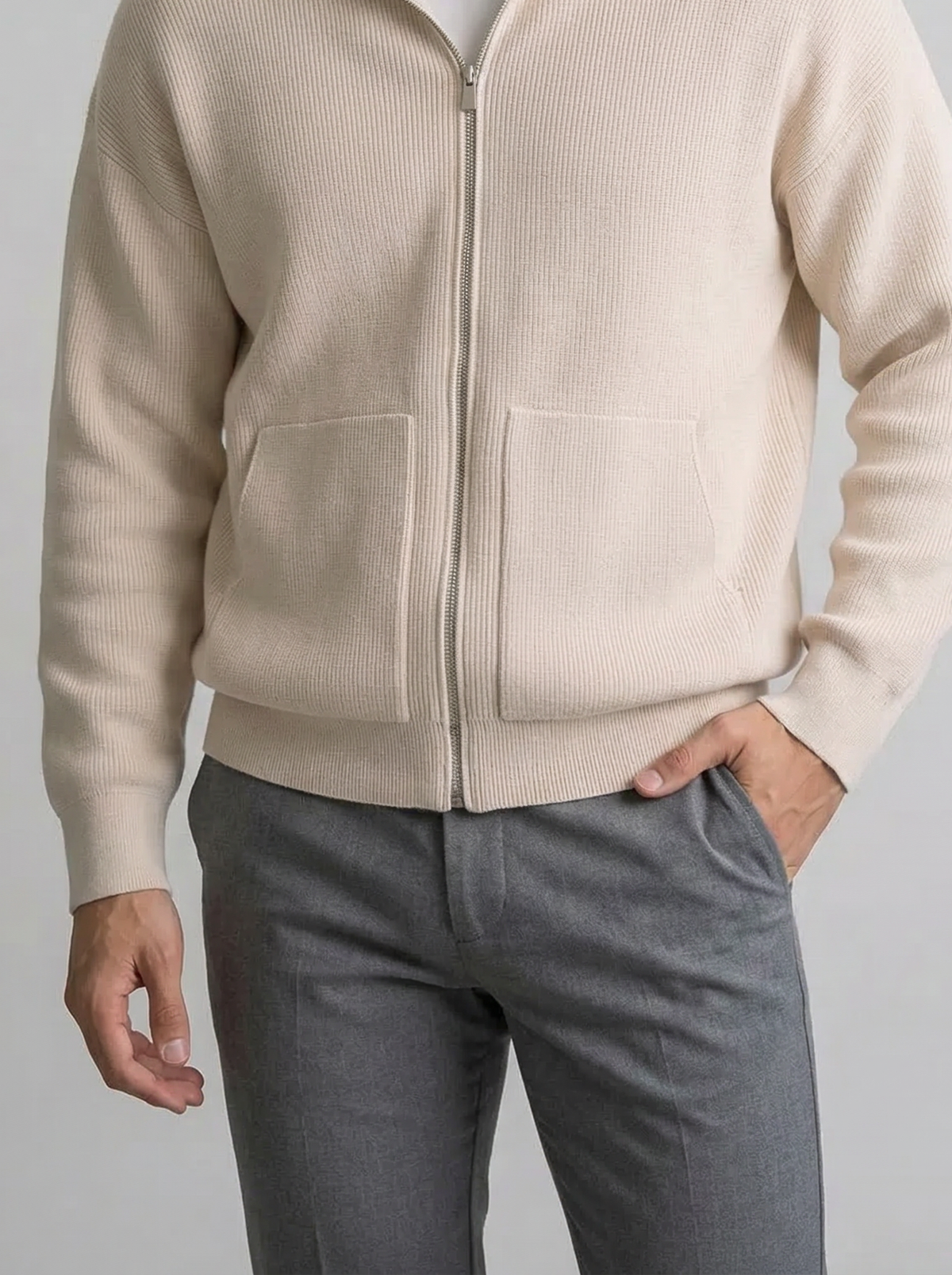 Men's Autumn Ribbed Wool Full Zip Cardigan