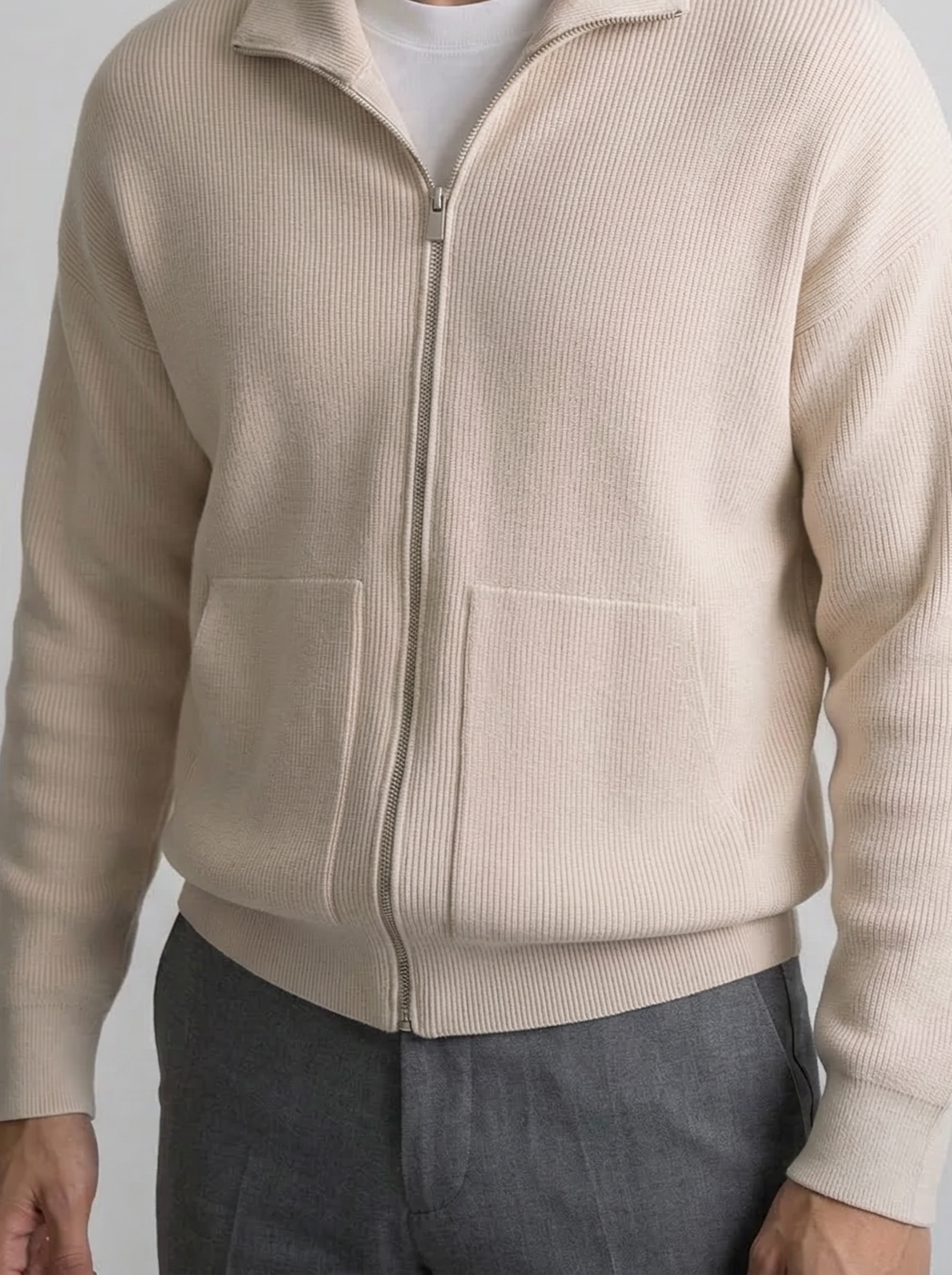 Men's Autumn Ribbed Wool Full Zip Cardigan