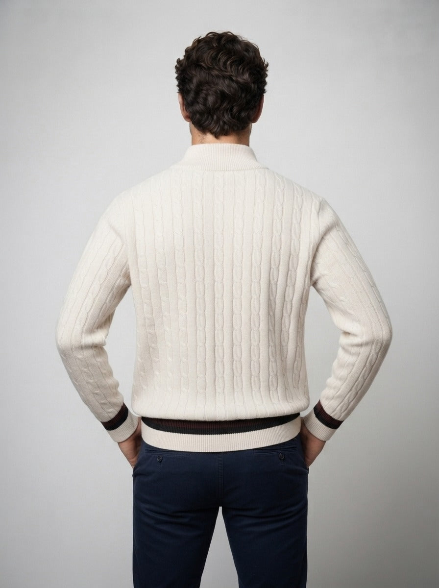 Men's Autumn Rope Cable Knit Half Zip Jumper with Contrast Tipping