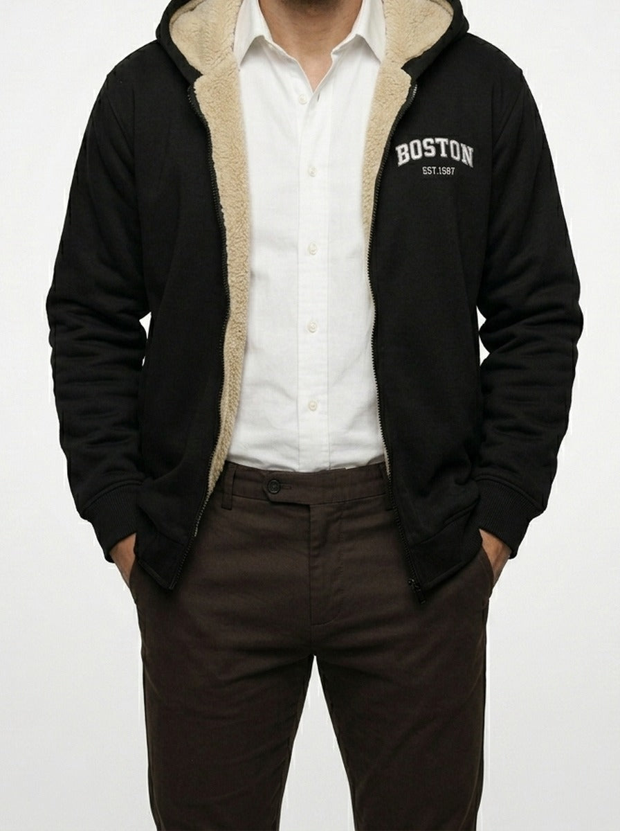 Men's Autumn Sherpa Lined Zip-Up Hoodie with Drawstring Hood