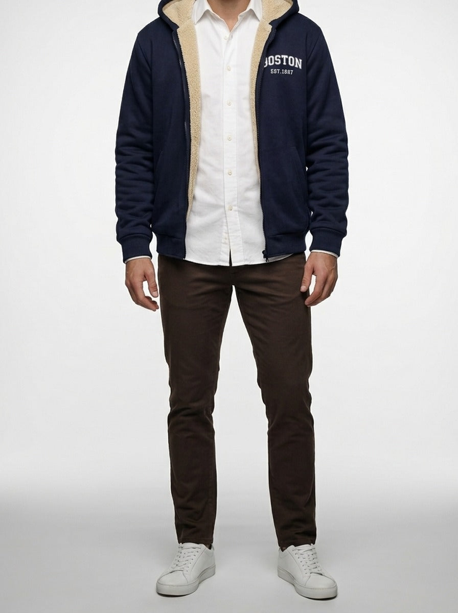 Men's Autumn Sherpa Lined Zip-Up Hoodie with Drawstring Hood