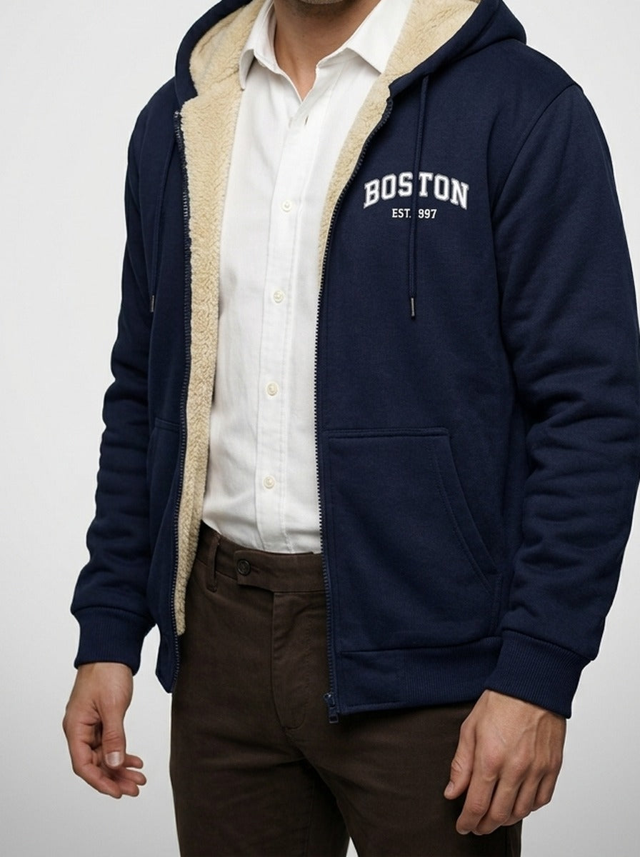 Men's Autumn Sherpa Lined Zip-Up Hoodie with Drawstring Hood