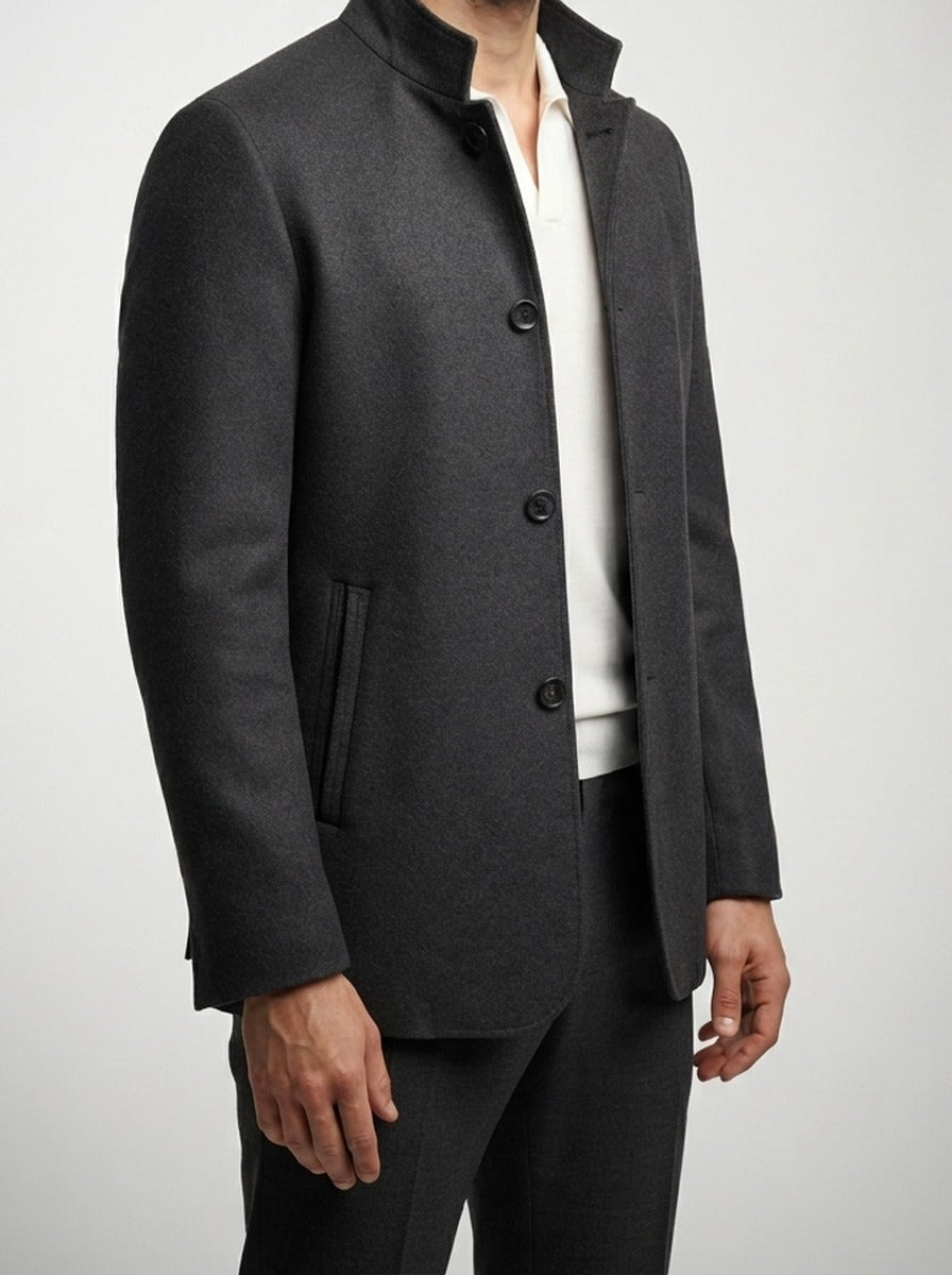 Men's Autumn Stand Collar Wool Car Coat with Quilted Lining