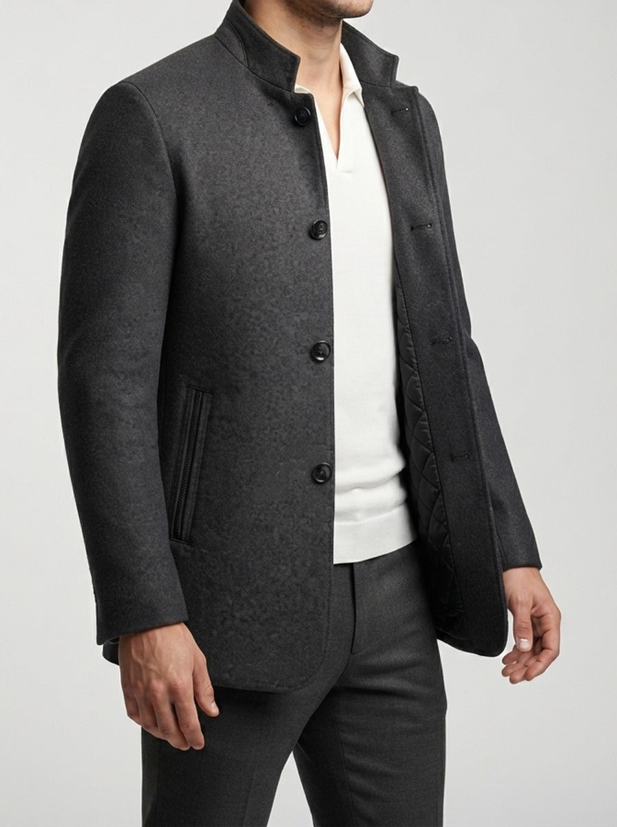 Men's Autumn Stand Collar Wool Car Coat with Quilted Lining