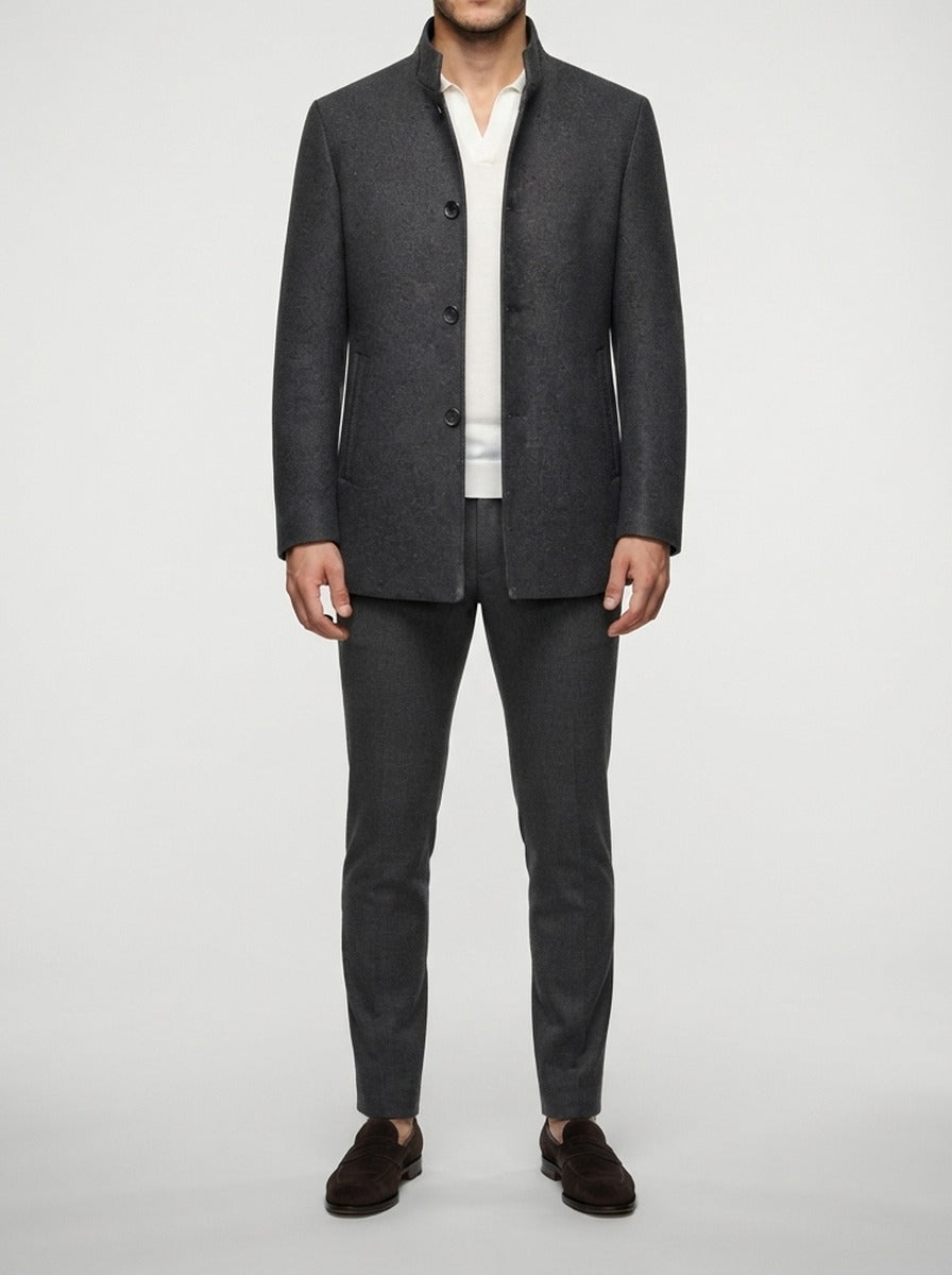 Men's Autumn Stand Collar Wool Car Coat with Quilted Lining