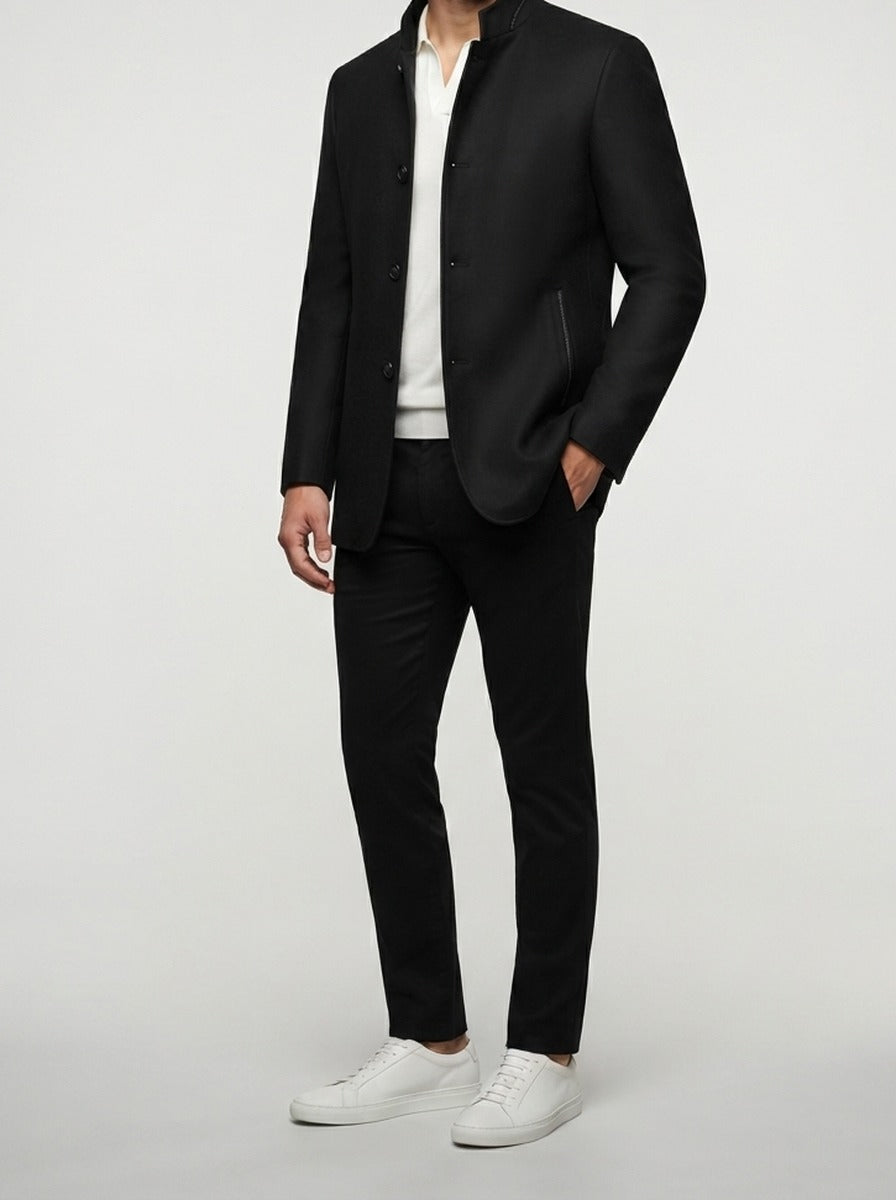 Men's Autumn Stand Collar Wool Car Coat with Quilted Lining