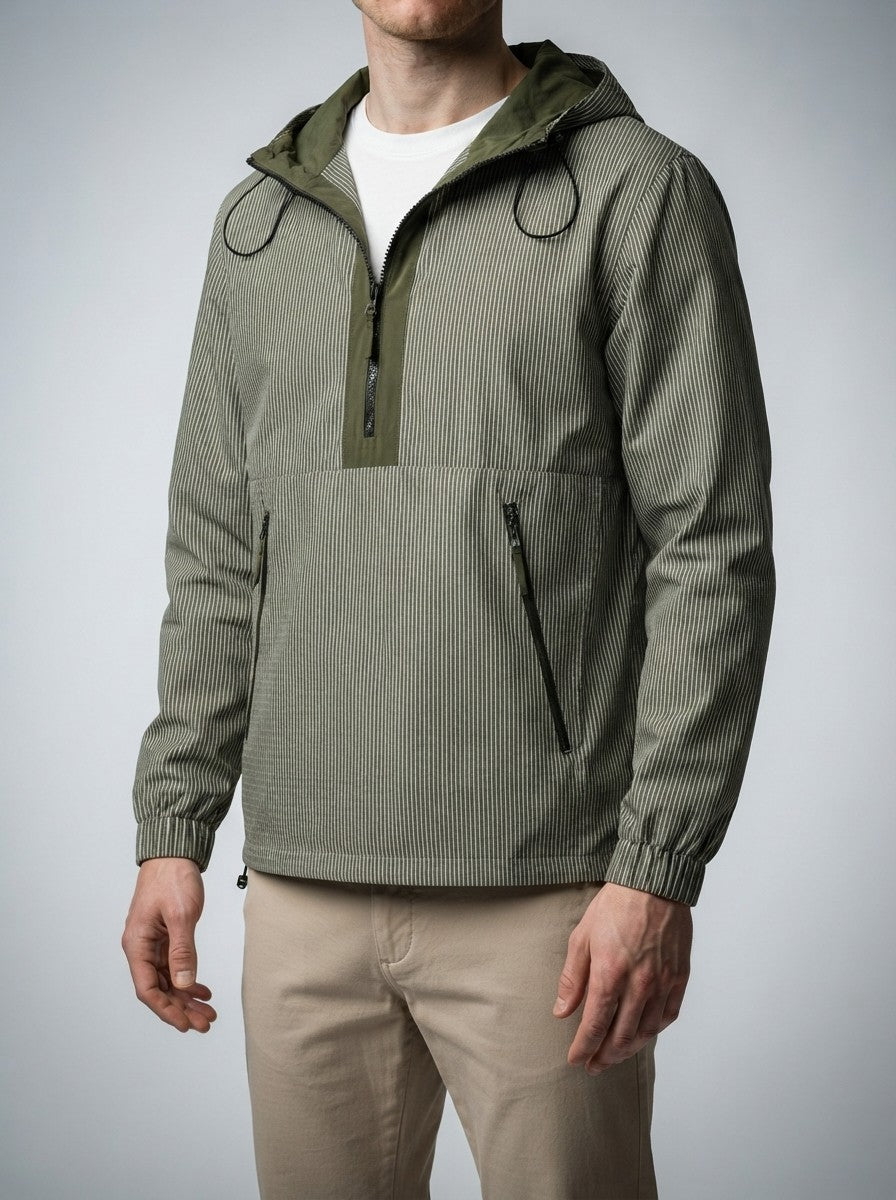 Men's Autumn Striped Half Zip Anorak Jacket with Hood