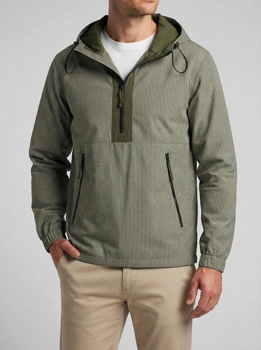 Men's Autumn Striped Half Zip Anorak Jacket with Hood
