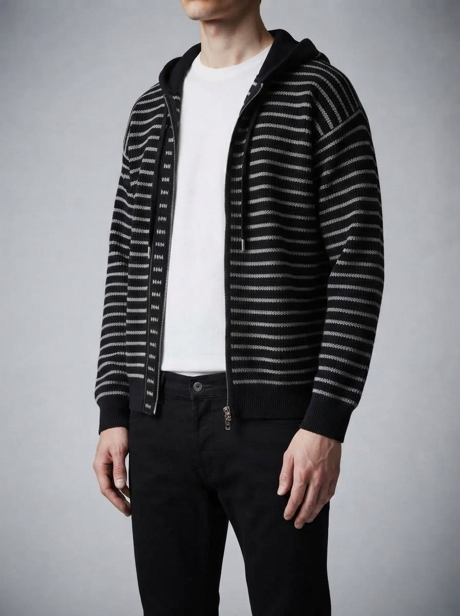 Men's Autumn Striped Knit Hooded Cardigan with Double Ended Zip