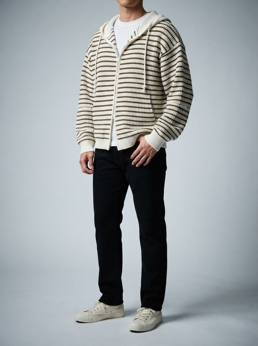 Men's Autumn Striped Knit Hooded Cardigan with Double Ended Zip