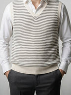 Men's Autumn Striped Knit Sleeveless Jumper Vest with V-Neck