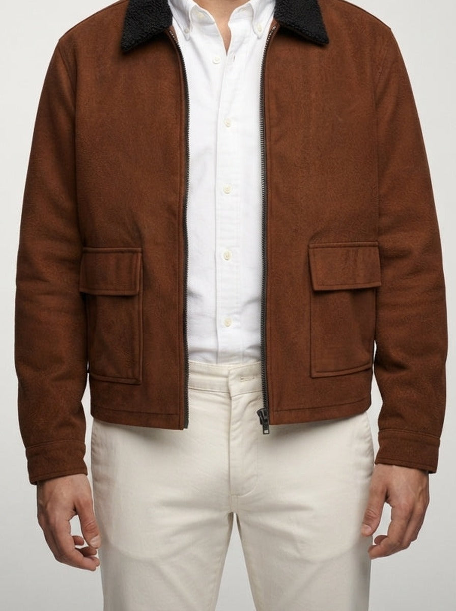 Men's Autumn Suede Jacket with Contrast Collar