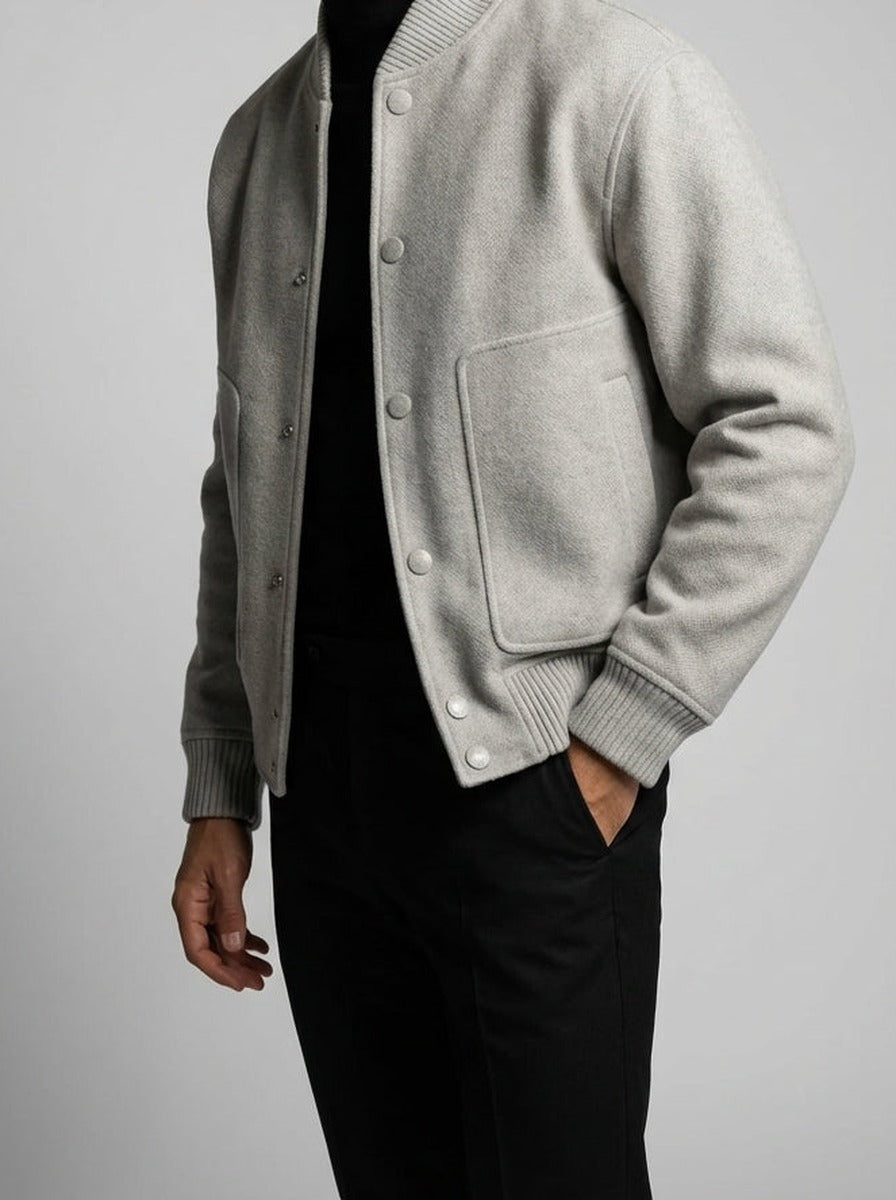 Men's Autumn Varsity Jacket with Snap Front and Ribbed Collar