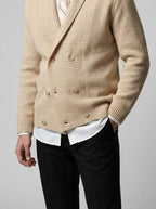 Men's Autumn Waffle Knit Double Breasted Cardigan with Shawl Collar