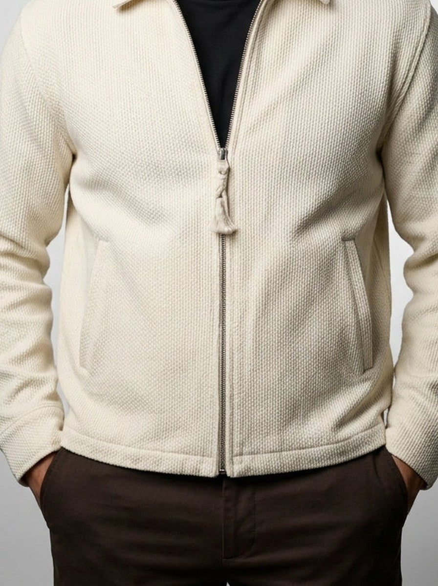 Men's Autumn Waffle Knit Point Collar Full Zip Jacket