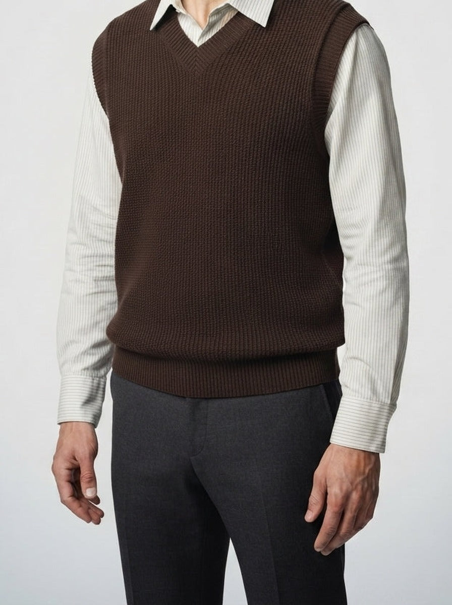 Men's Autumn Waffle Knit Sleeveless Jumper Vest with V-Neck