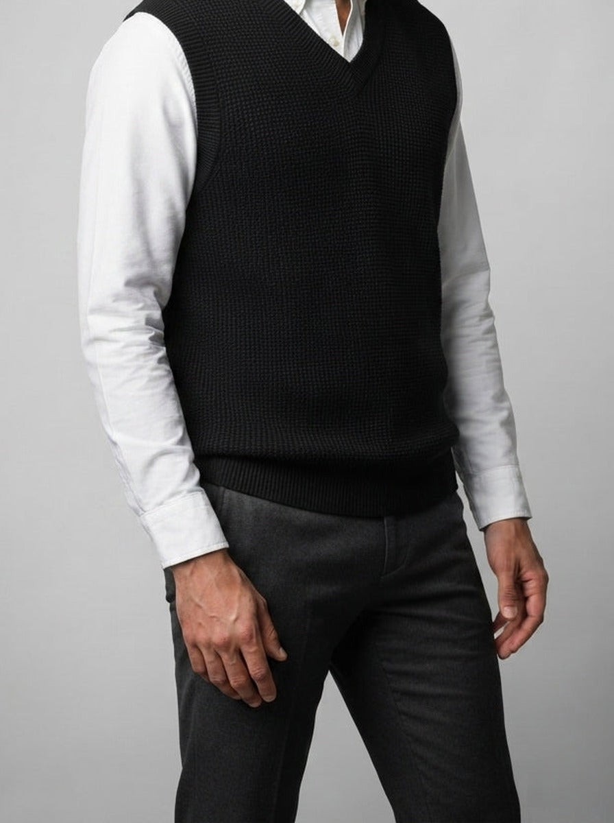 Men's Autumn Waffle Knit Sleeveless Jumper Vest with V-Neck