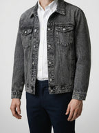 Men's Autumn Washed Denim Trucker Jacket with Chest Pockets