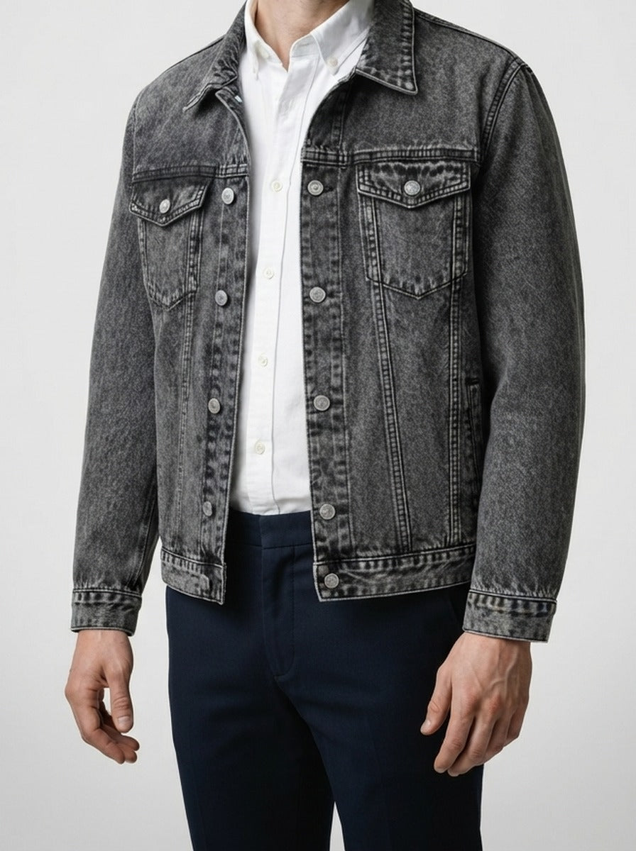 Men's Autumn Washed Denim Trucker Jacket with Chest Pockets