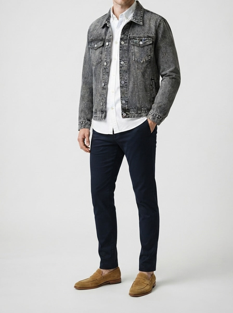 Men's Autumn Washed Denim Trucker Jacket with Chest Pockets