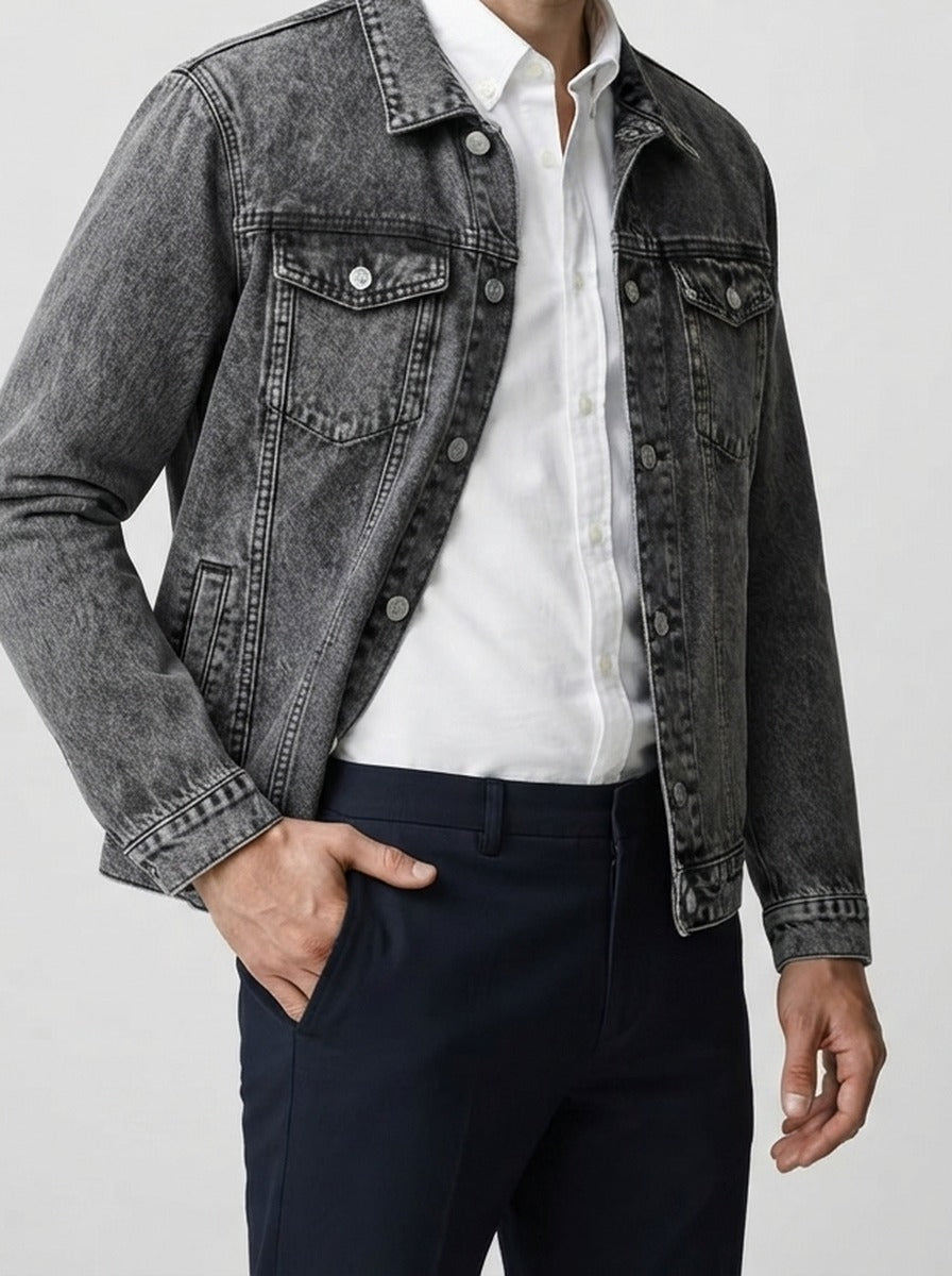 Men's Autumn Washed Denim Trucker Jacket with Chest Pockets