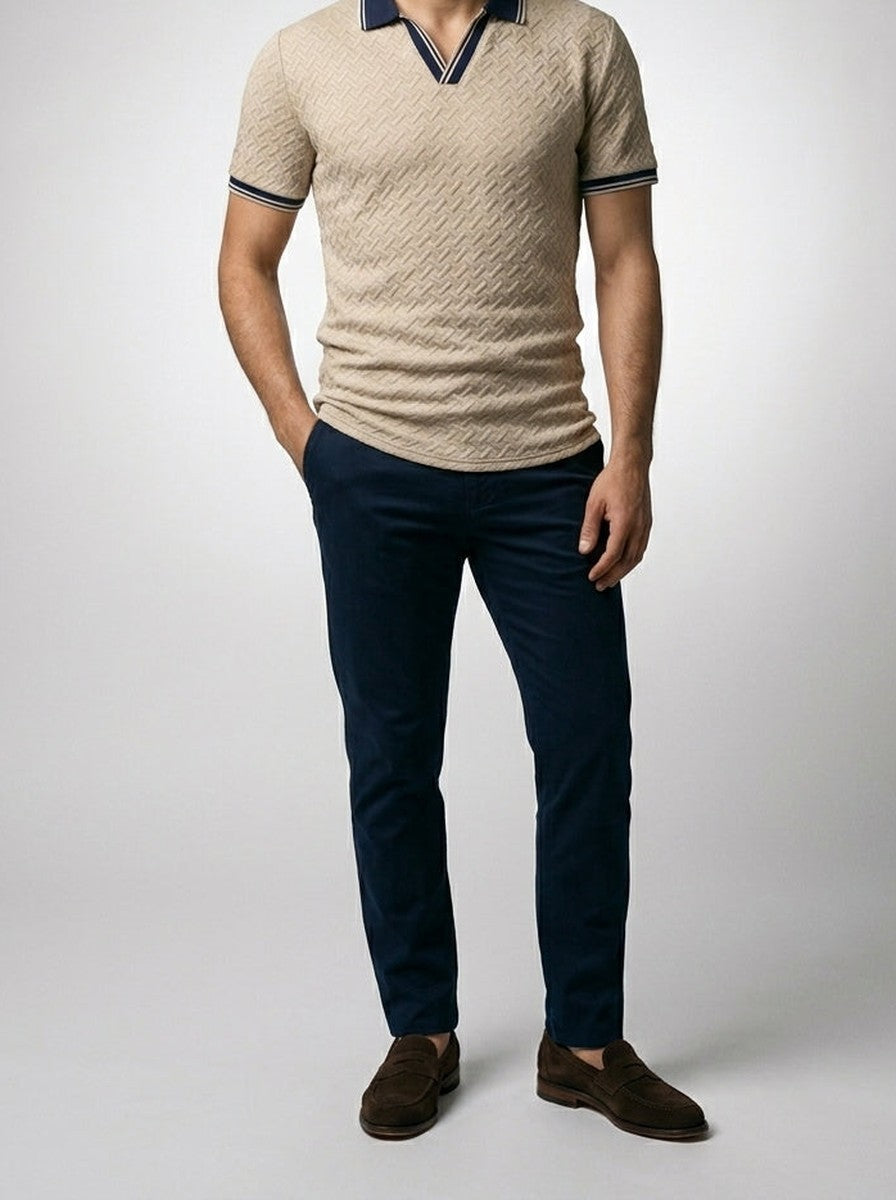 Men's Basketweave Spread Collar Slim Fit Polo Shirt