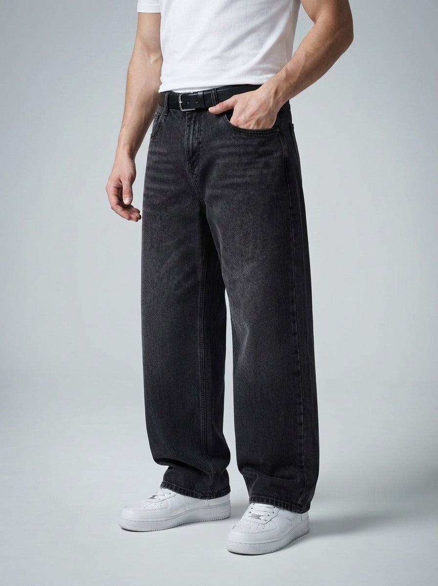 Men's Casual Baggy Wide Leg Denim Jeans with Belt Loop Waistband