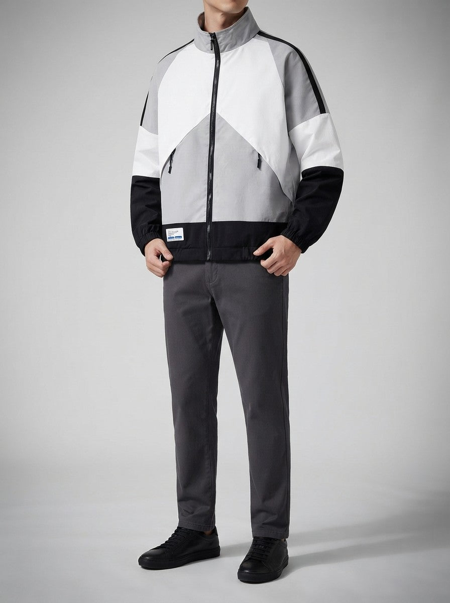 Men's Casual Colour Block Track Jacket with Zip Pockets