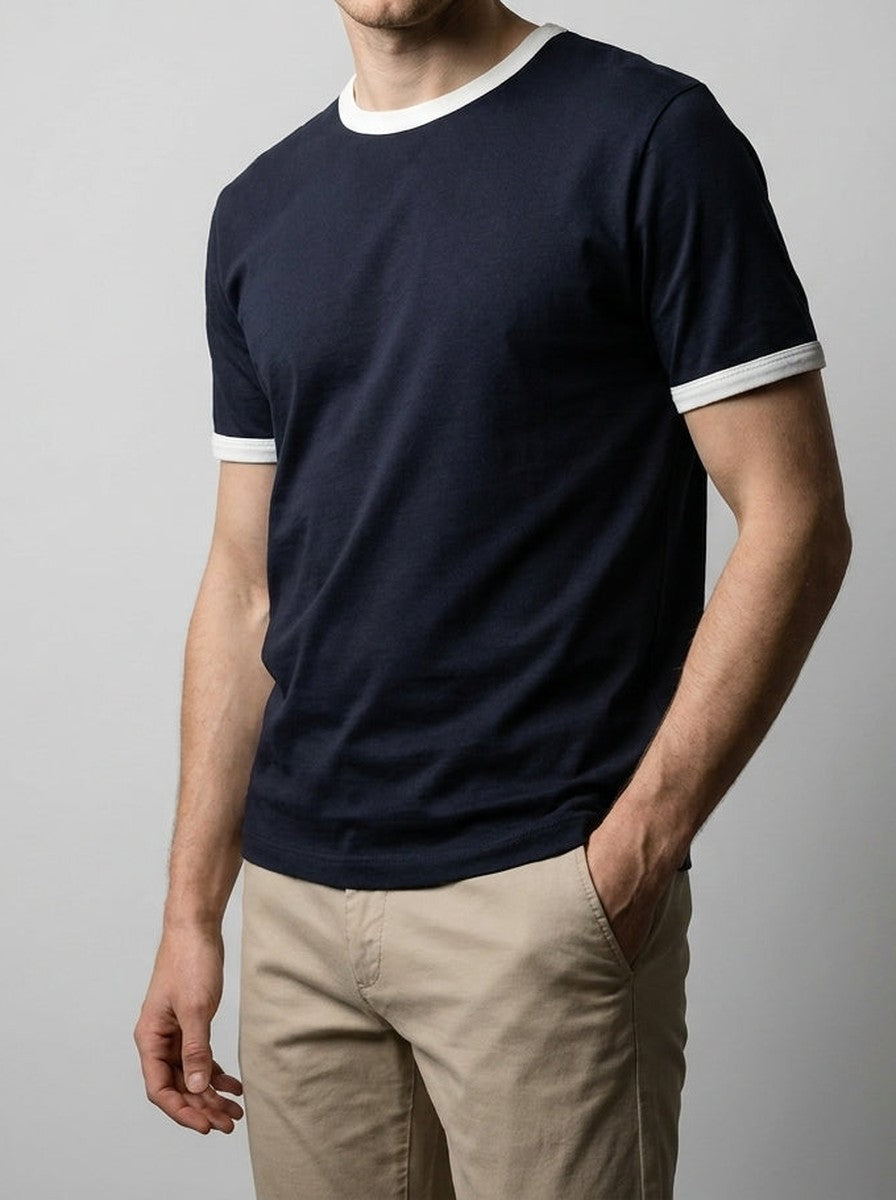 Men's Casual Contrast Trim Cotton Crew Neck T-Shirt