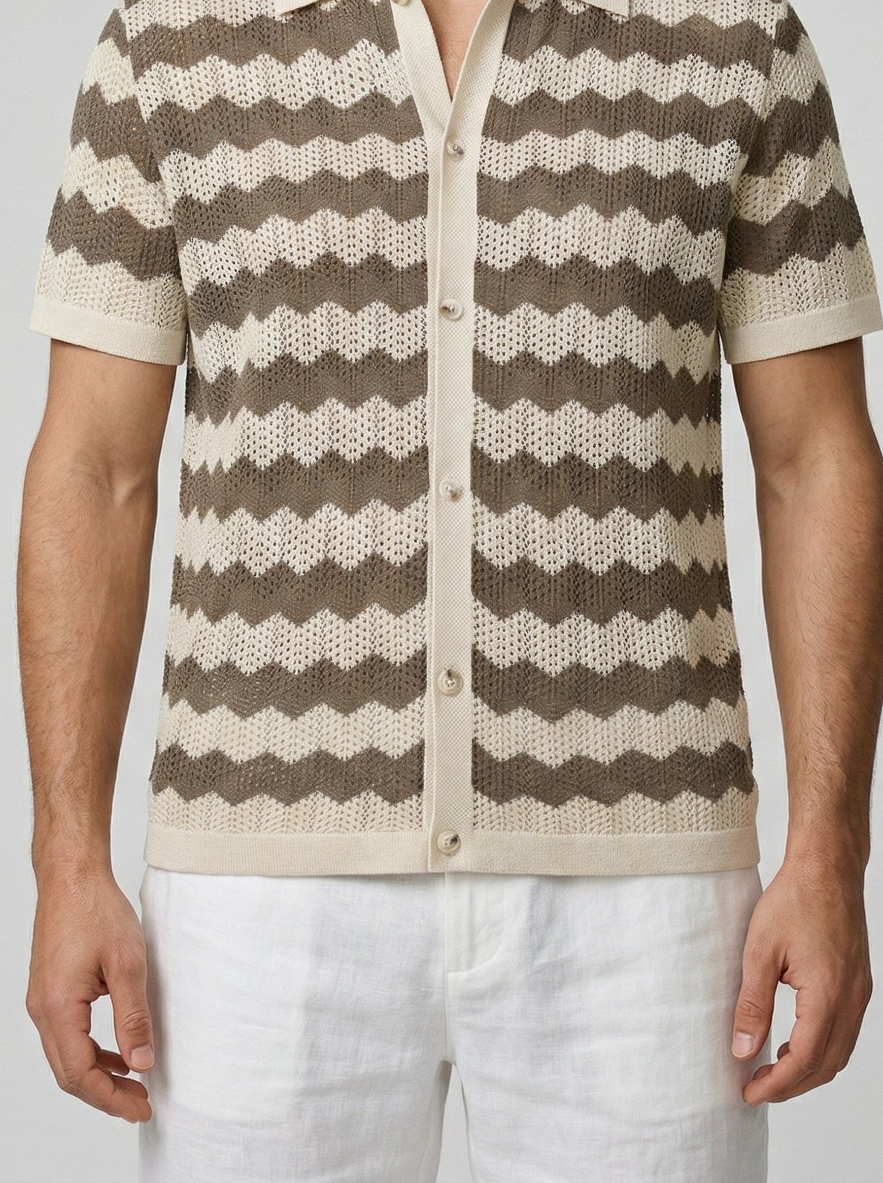 Men's Casual Crochet Knit Short Sleeve Shirt with Camp Collar
