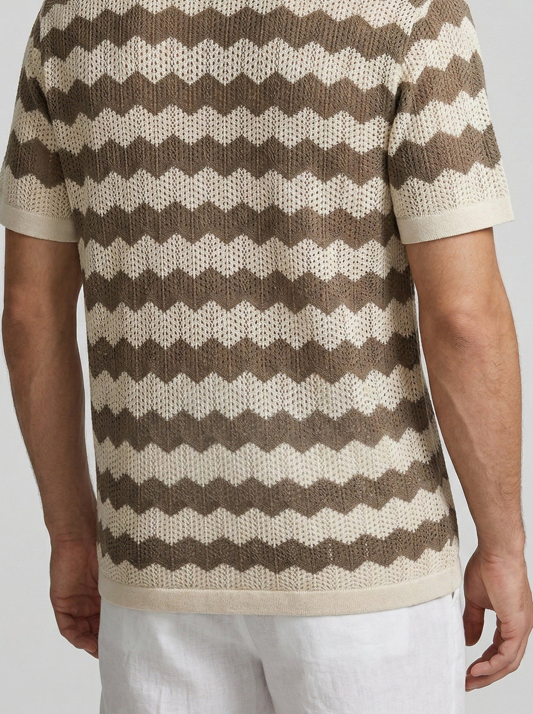 Men's Casual Crochet Knit Short Sleeve Shirt with Camp Collar