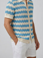 Men's Casual Crochet Knit Short Sleeve Shirt with Camp Collar