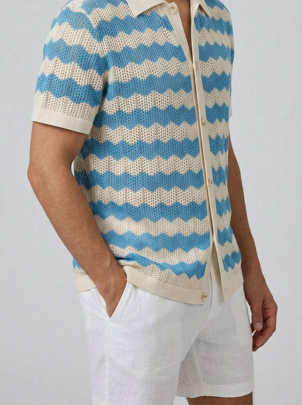 Men's Casual Crochet Knit Short Sleeve Shirt with Camp Collar