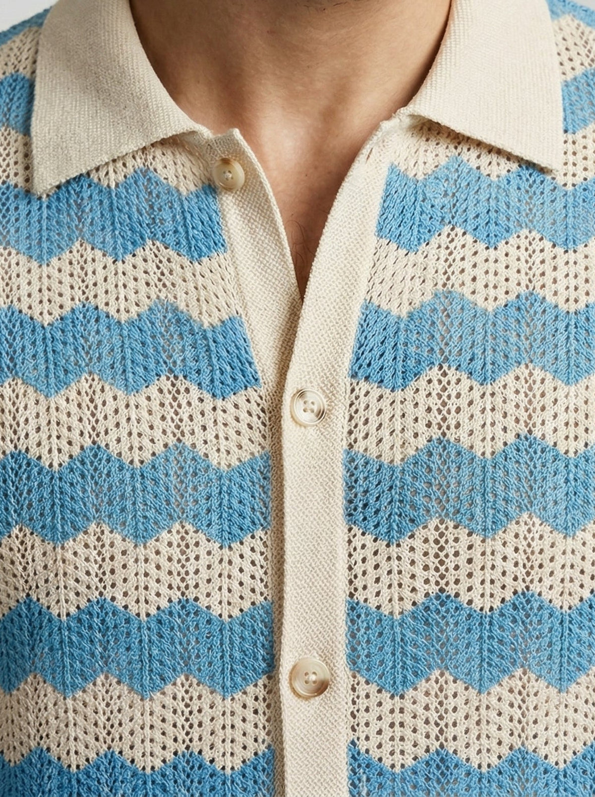 Men's Casual Crochet Knit Short Sleeve Shirt with Camp Collar