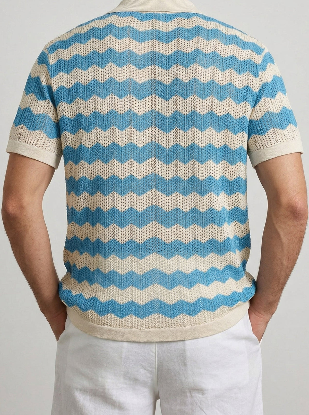Men's Casual Crochet Knit Short Sleeve Shirt with Camp Collar