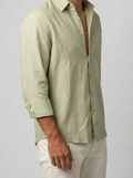 Men's Casual Linen Cotton Long Sleeve Shirt with Curved Hem