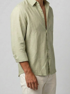 Men's Casual Linen Cotton Long Sleeve Shirt with Curved Hem