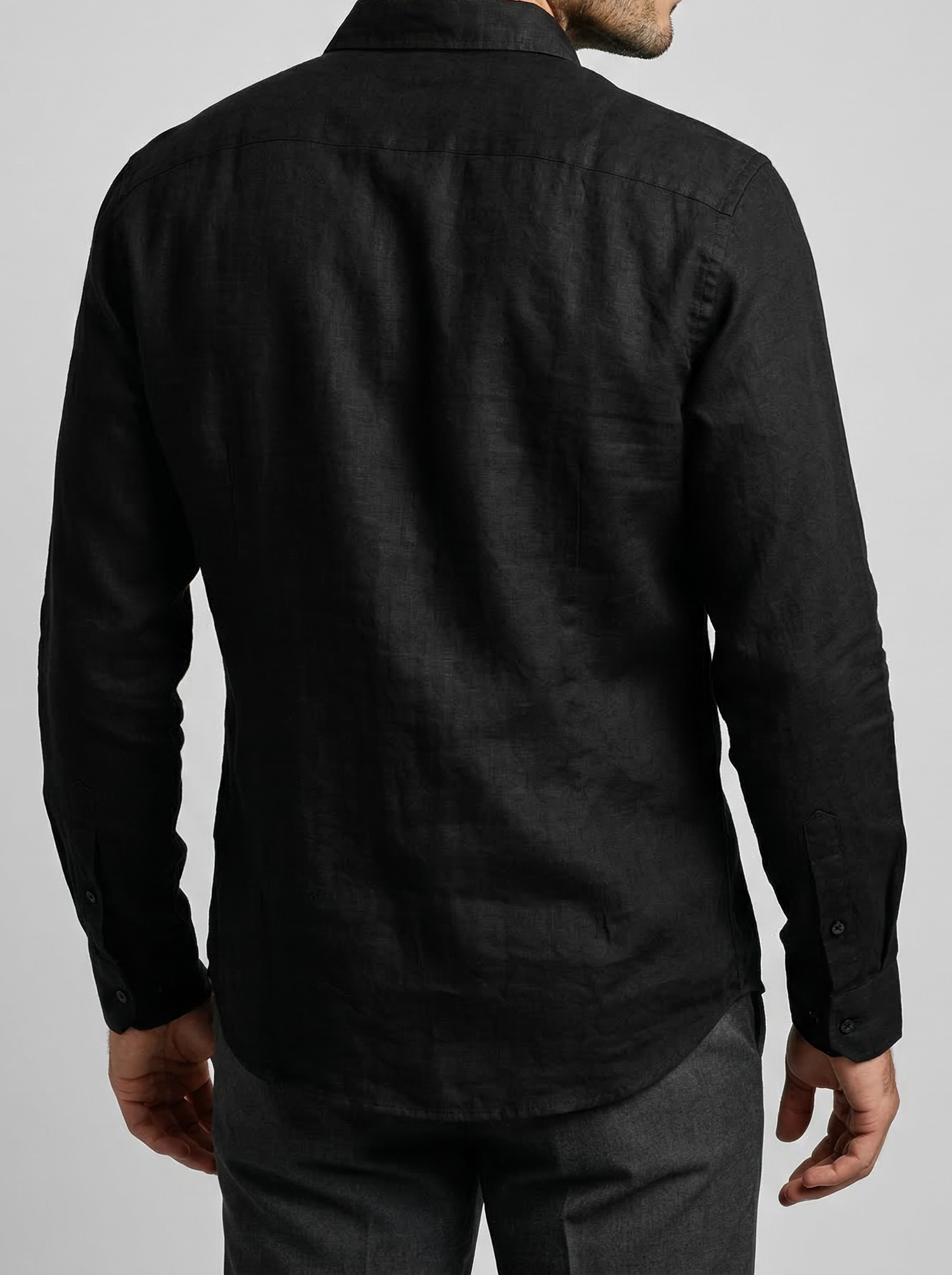 Men's Casual Linen Cotton Long Sleeve Shirt with Curved Hem