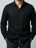 Men's Casual Linen Cotton Long Sleeve Shirt with Curved Hem